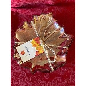 NEW NATURAL MADE IN TURKEY HAND DECORATED Bronze LEAF GLASS SET OF 4 PLATES